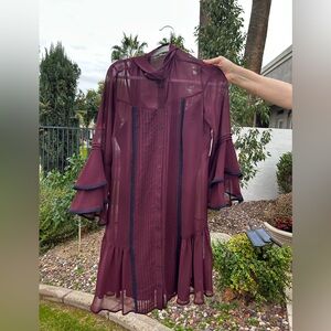 Nanette Lepore Burgundy Dress with Ruffle Sleeves